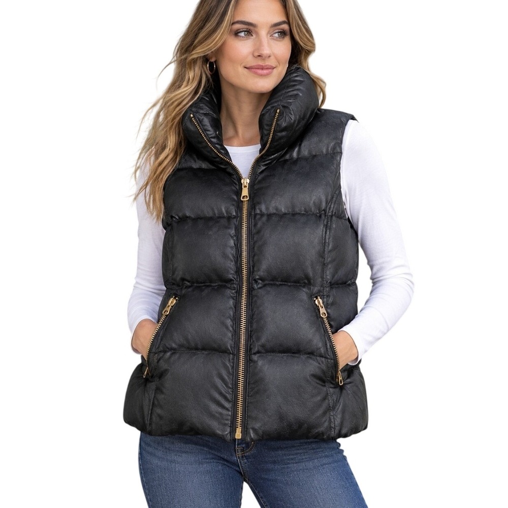 Juicy Couture Black Lamb Leather Down Feather Filled Puffer Vest Womens M Zip
